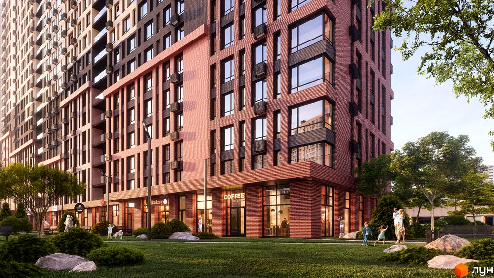 Цегляний багатоповерховий будинок з панорамними вікнами та комерційними приміщеннями на першому поверсі. На прибудинковій території газон, дерева та дитячий майданчик.