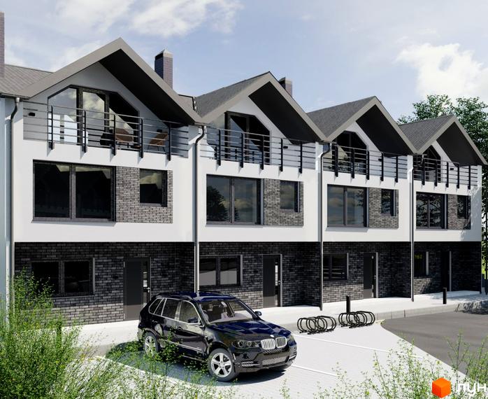 Зображення таунхаусів Family Town. Двоповерхові будинки з балконами та автомобілем на прибудинковій території.