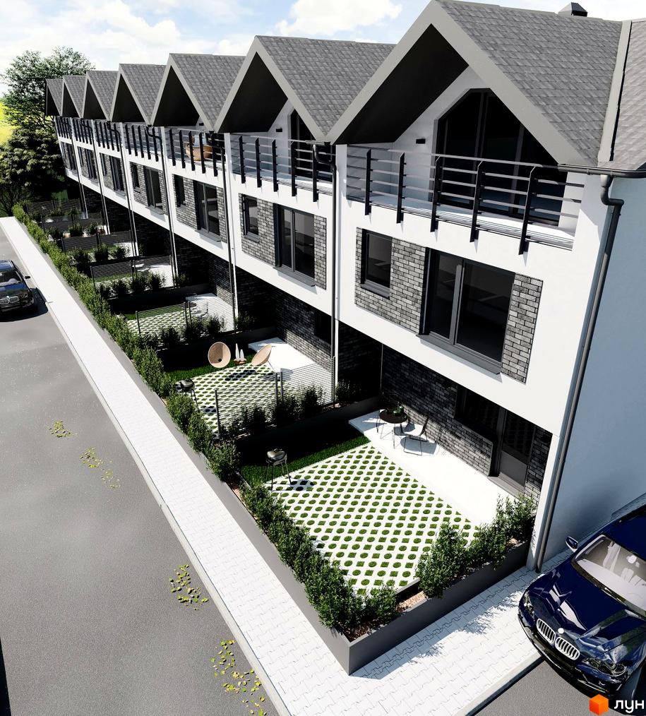 Таунхауси Family Town: фасади з цегляним оздобленням та балконами, перед ними зелені зони з бруківкою та місцями для відпочинку.