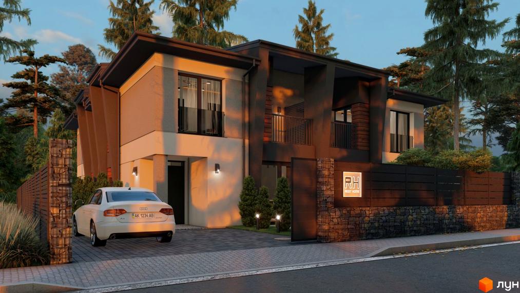 Таунхауси Rest Home з білим автомобілем на подвір'ї та кам'яним парканом. Зовнішній вигляд новобудови з вікнами та балконами.