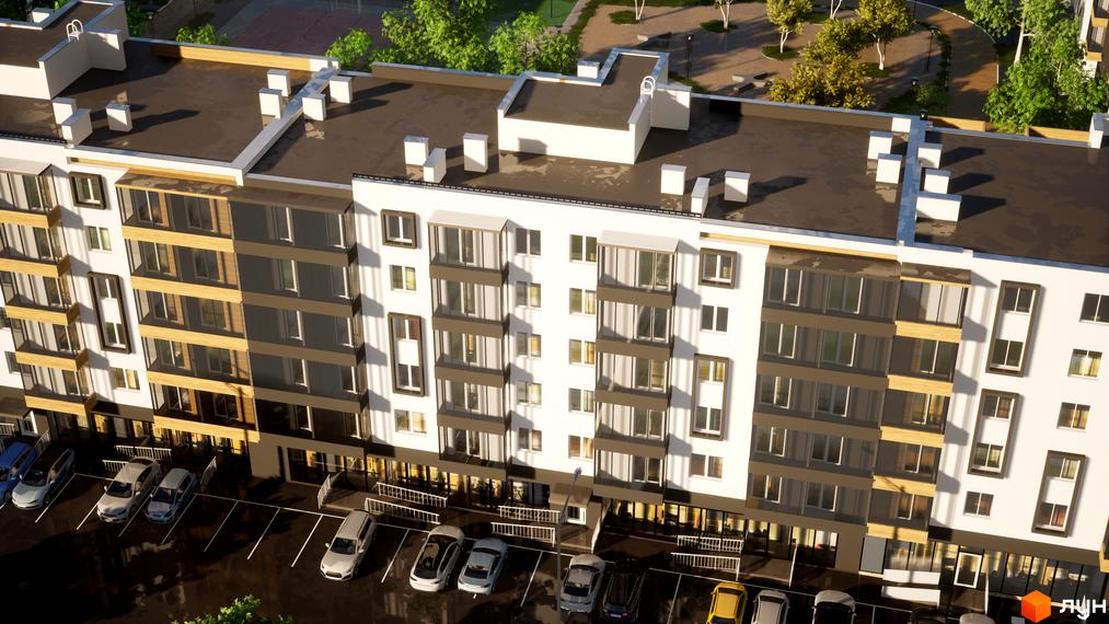 Зображення фасаду багатоповерхового будинку ЖК BRUSSELS з парковкою та прибудинковою територією. Видно вікна, балкони та архітектурні елементи.