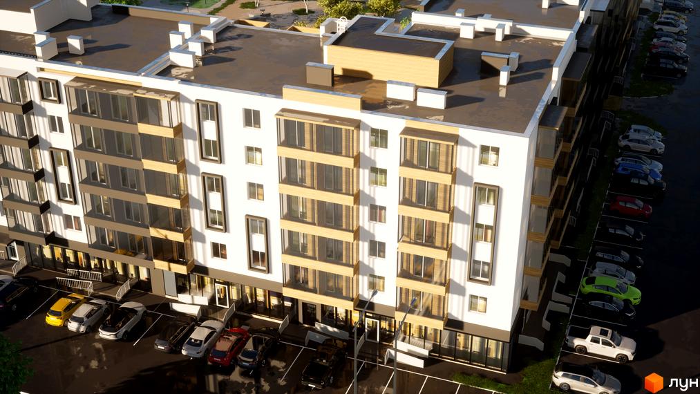 Зображення фасаду багатоповерхового будинку ЖК BRUSSELS з парковкою та прибудинковою територією. Білі стіни з панорамними вікнами та світлими дерев'яними вставками. На території є парковка з автомобілями.