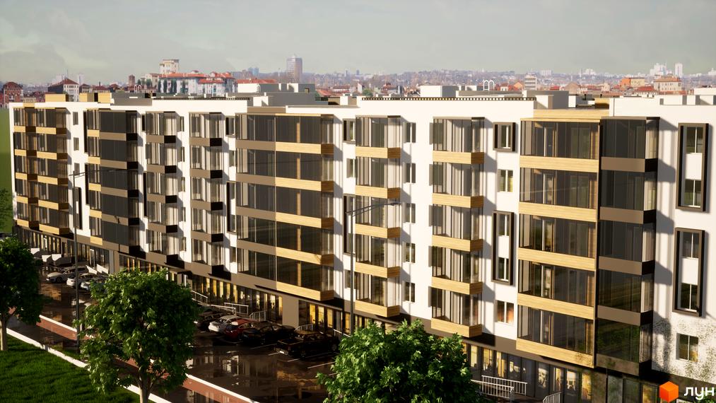 Багатоповерхова новобудова ЖК BRUSSELS з панорамними вікнами та балконами. На прибудинковій території є парковка для автомобілів та зелені насадження.