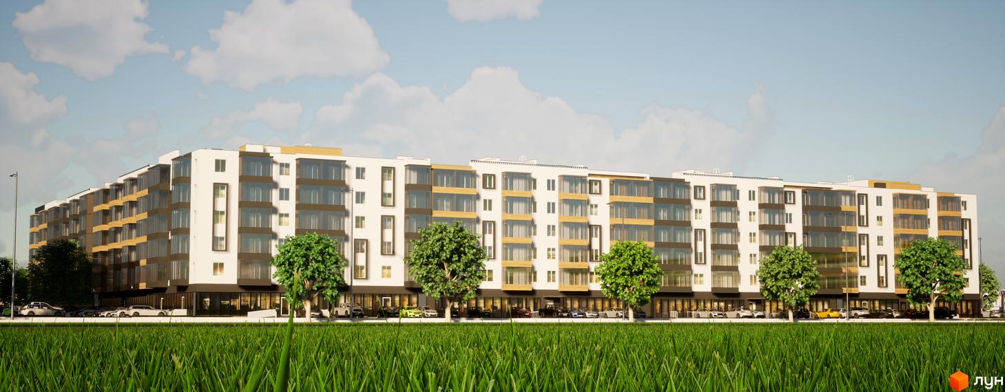 Зображення фасаду та прибудинкової території Житлового комплексу BRUSSELS. Багатоповерховий будинок з великими вікнами та зеленим газоном.