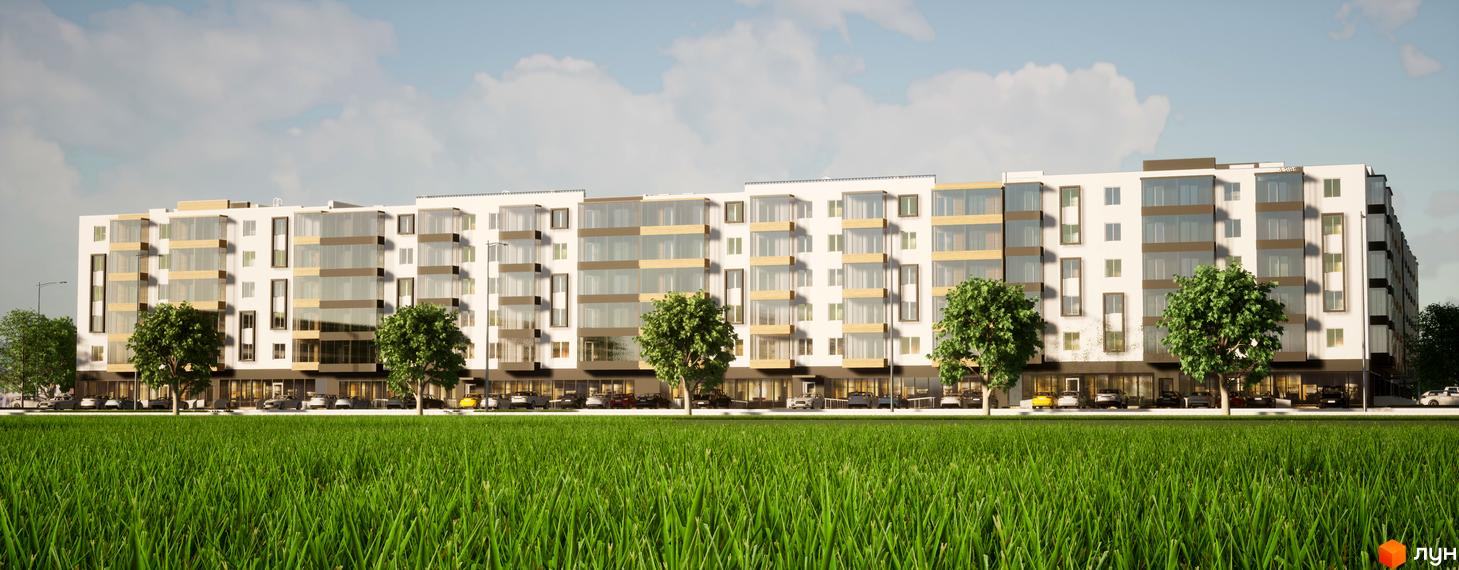 Житловий комплекс BRUSSELS. Багатоповерховий будинок з панорамними вікнами та фасадом світлого кольору. Перед будинком зелена трава та дерева.