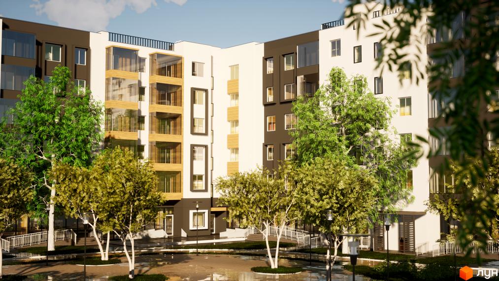 Житловий комплекс BRUSSELS з фасадом у світлих тонах та великими вікнами. На прибудинковій території багато зелених насаджень та місця для відпочинку.