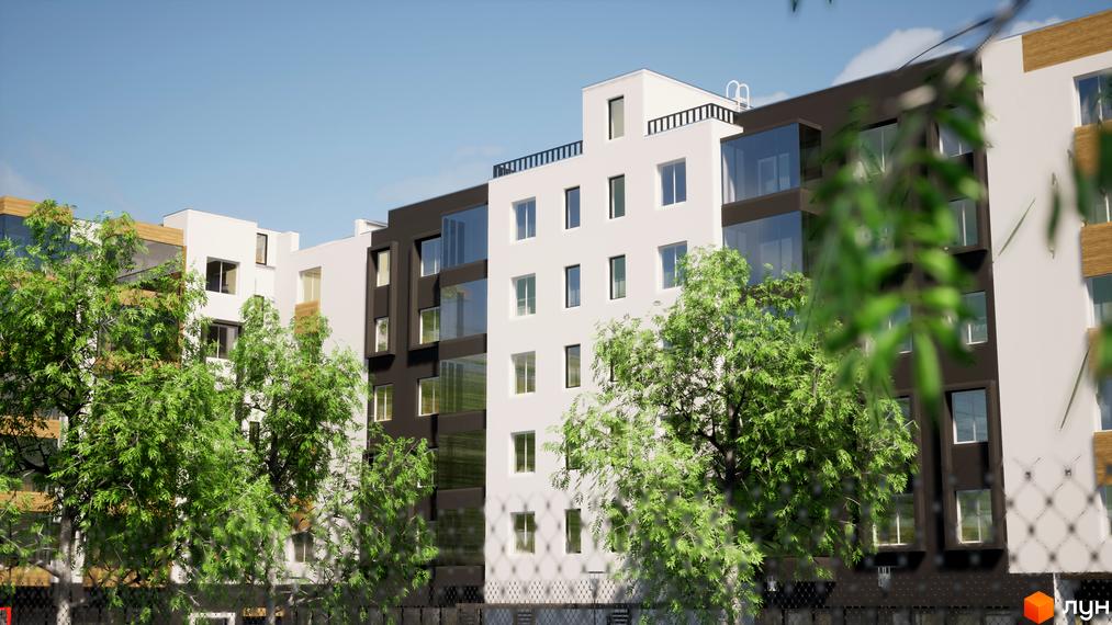 Зовнішній вигляд Новобудови BRUSSELS з білим фасадом, великими вікнами та чорними вставками. На передньому плані зелені дерева та огорожа.