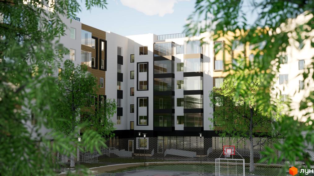 Зображення житлового комплексу BRUSSELS. Багатоповерховий будинок з білими та чорними фасадами. На прибудинковій території є дерева, спортивний майданчик та огорожа.