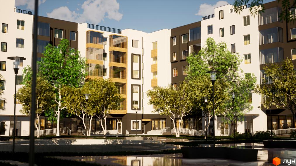 Зображення житлового комплексу BRUSSELS. Багатоповерховий будинок з білим та темно-коричневим фасадом, великими вікнами та балконами. На території комплексу висаджені дерева та є зона відпочинку.