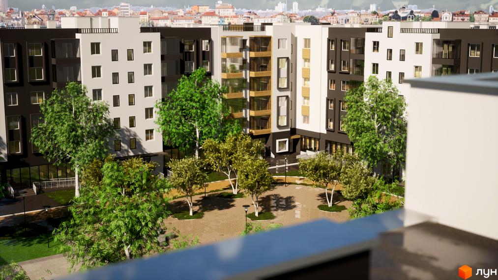 Зображення фасаду та подвір'я Житлового комплексу BRUSSELS. Багатоповерховий будинок з великими вікнами та деревами на території.