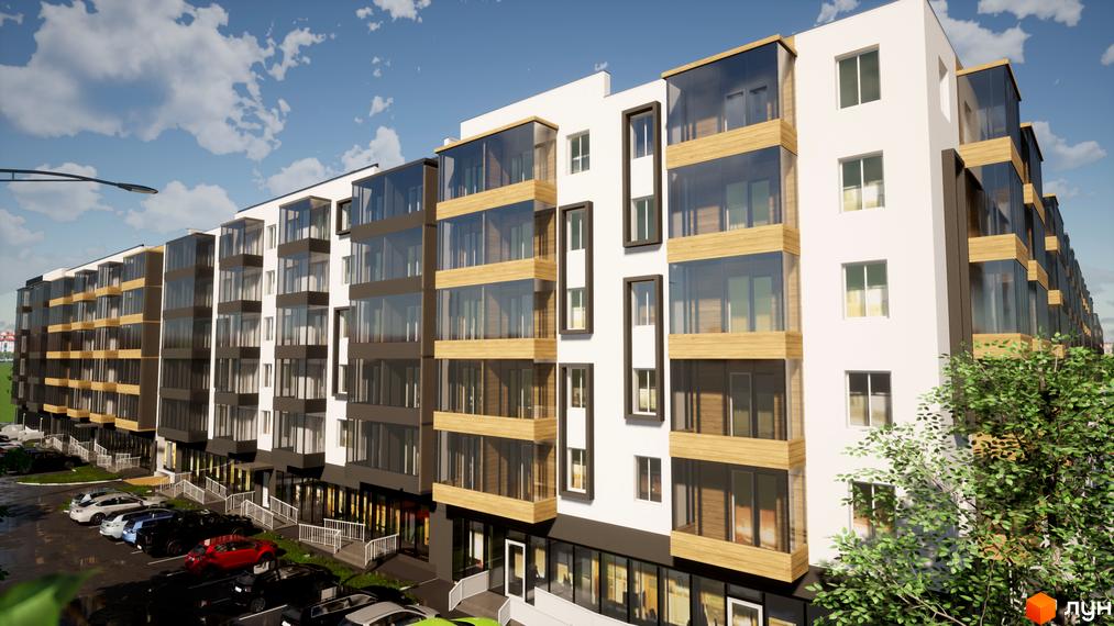 Зображення фасаду багатоповерхового будинку ЖК BRUSSELS з панорамними вікнами та балконами. На передньому плані парковка з автомобілями.