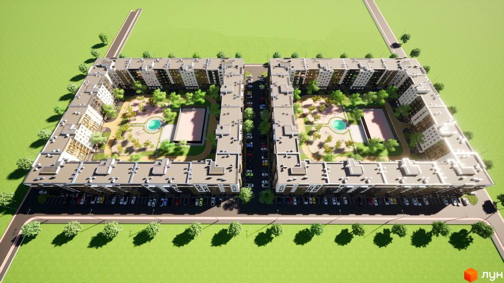 Житловий комплекс BRUSSELS. Високоповерхові будинки з парковками та внутрішніми дворами з озелененням, дитячими майданчиками та зонами відпочинку.