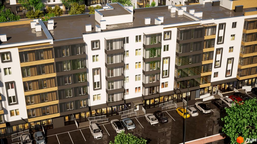 Житловий комплекс BRUSSELS з сучасним дизайном фасаду. На прибудинковій території є парковка для автомобілів та зелені насадження.