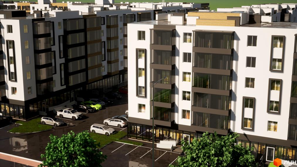 Житловий комплекс BRUSSELS. Багатоповерховий будинок з панорамними вікнами та комерційними приміщеннями на першому поверсі. На прибудинковій території є парковка та зелені насадження.