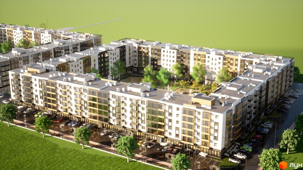 Зображення житлового комплексу BRUSSELS. Багатоквартирний будинок з великими вікнами та парковкою біля будинку. На території комплексу є зелені насадження.