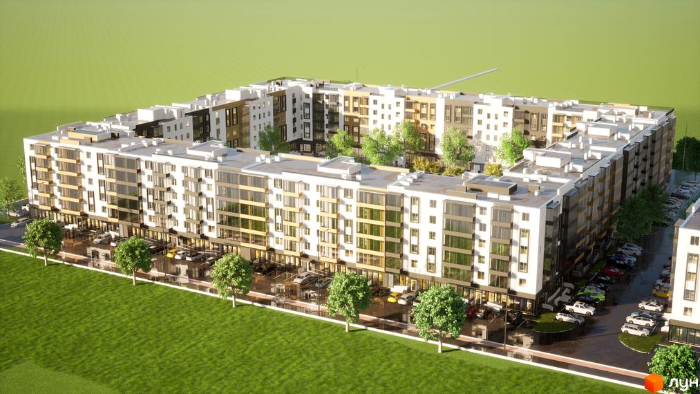 Зображення житлового комплексу BRUSSELS. Багатоповерхова будівля з великою кількістю вікон та внутрішнім двором з деревами.