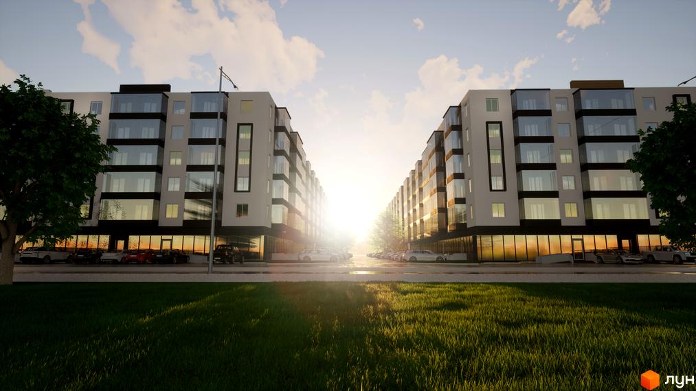 Зображення фасаду та прибудинкової території Житлового комплексу BRUSSELS. Багатоповерхові будинки з великими вікнами та парковкою.