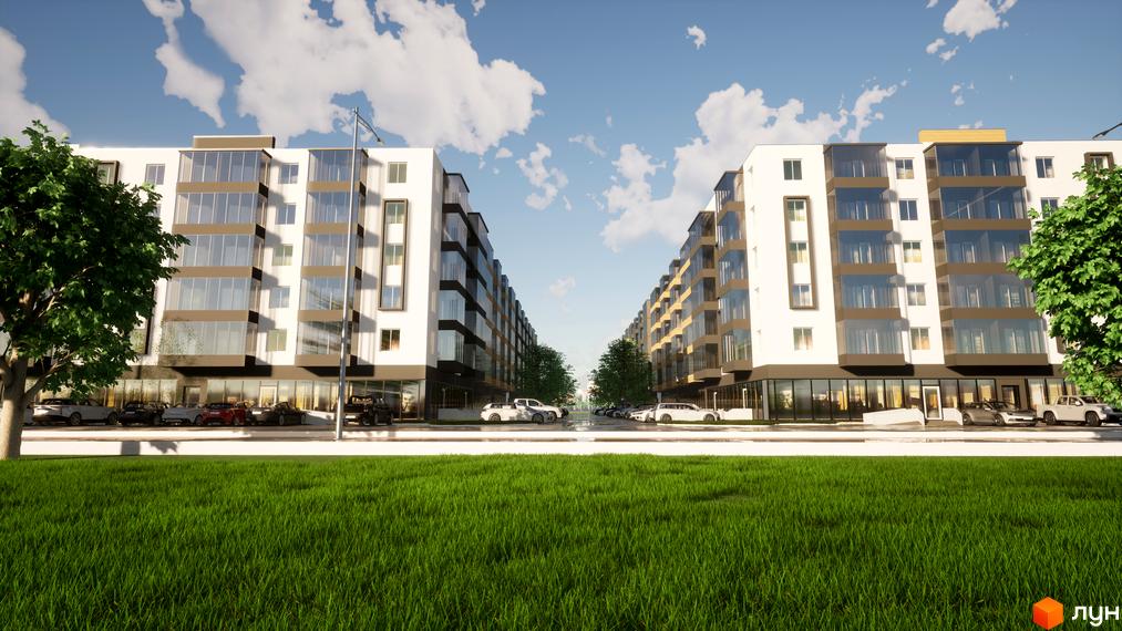 Зображення фасаду та прибудинкової території Житлового комплексу BRUSSELS. Багатоповерхові будинки з великими вікнами та зелений газон перед ними.