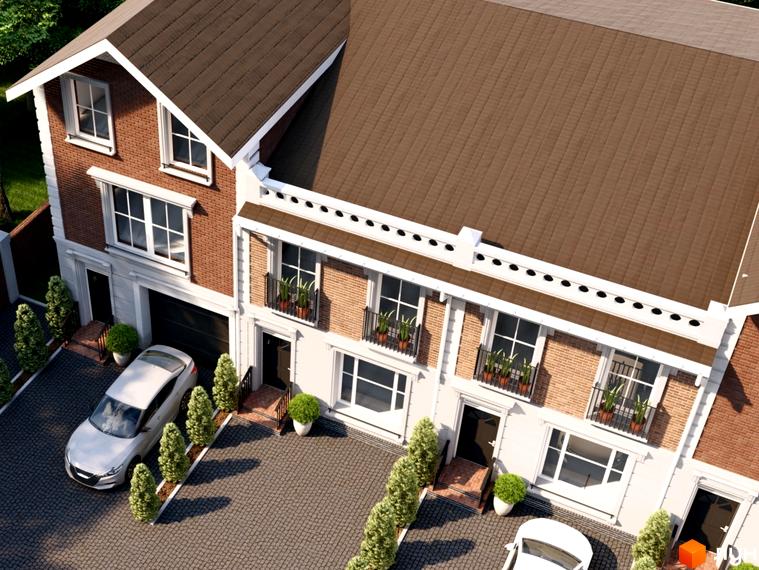 Зображення фасаду таунхаусів в житловому комплексі. На фото видно будинки з коричневою черепицею, білими стінами та вікнами. На прибудинковій території є автомобілі та зелені насадження.