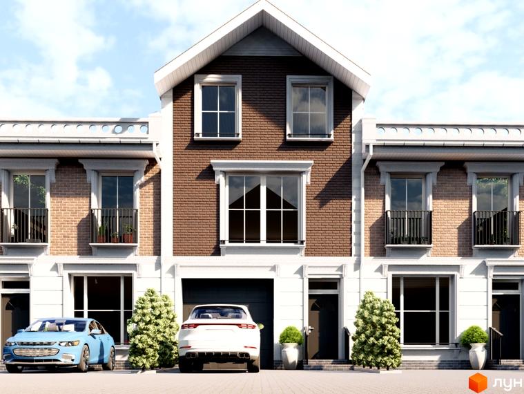 Зображення фасаду таунхаусів. Будинки з цегляною кладкою, великими вікнами та балконами. На території є автомобілі та зелені насадження.