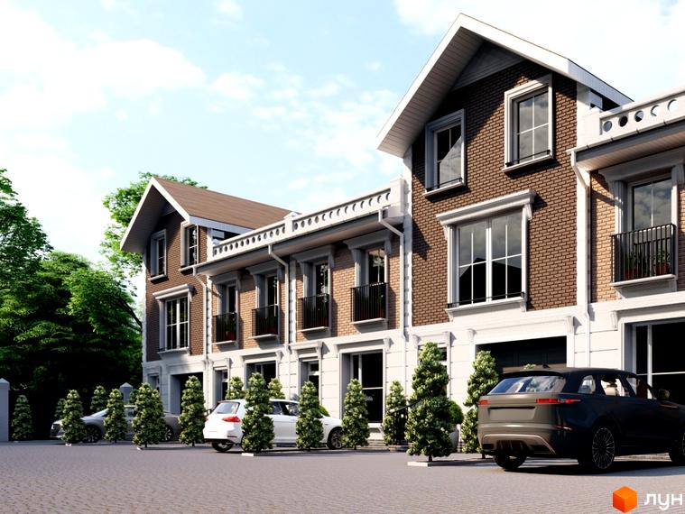 Зображення житлового комплексу Таунхауси в П'ятихатках. Двоповерхові будинки з коричневої цегли з білими віконними рамами та балконами. На території є парковка та зелені насадження.
