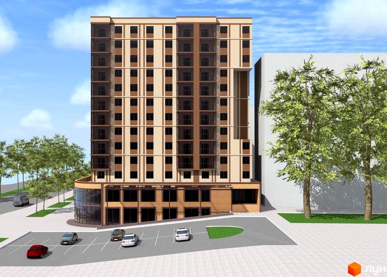 Зовнішній вигляд новобудови ЖК Візаві з паркінгом та деревами. Фасад будинку світло-бежевий з коричневими елементами та темними вікнами.