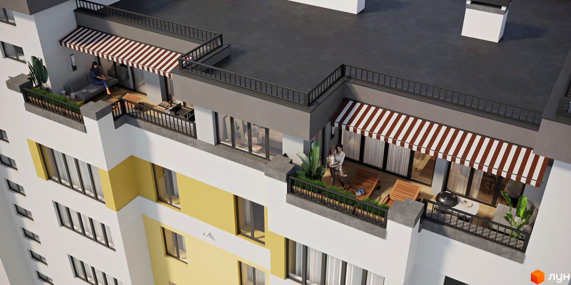 Зовнішній вигляд новобудови ЖК Паркова Оселя з балконами та терасами, де відпочивають люди. На терасах розташовані меблі та рослини.