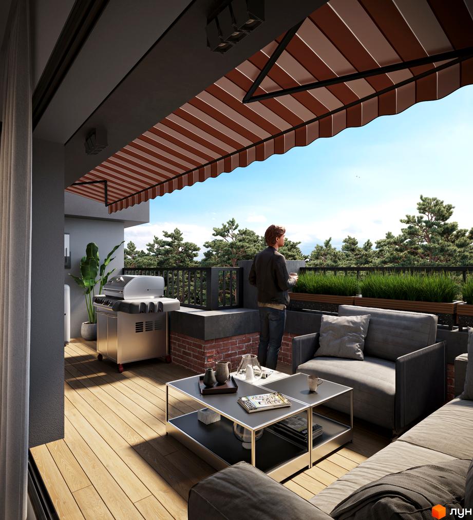 Просторий балкон ЖК Паркова Оселя з гриль-зоною та зоною відпочинку. Насолоджуйтесь краєвидом на зелені дерева з вашого нового дому.