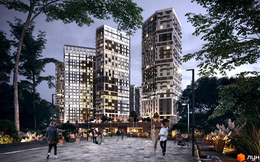 Житловий комплекс Poetica. Перша колекція: високі житлові будинки з освітленими вікнами та доглянута прибудинкова територія з пішохідними доріжками, деревами та освітленням.