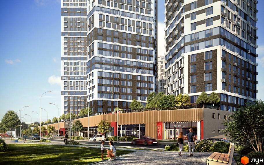 Багатоповерхові будинки Житлового комплексу Poetica з темними фасадами та світлими вставками. На першому поверсі комерційні приміщення, поруч зелена зона з деревами.