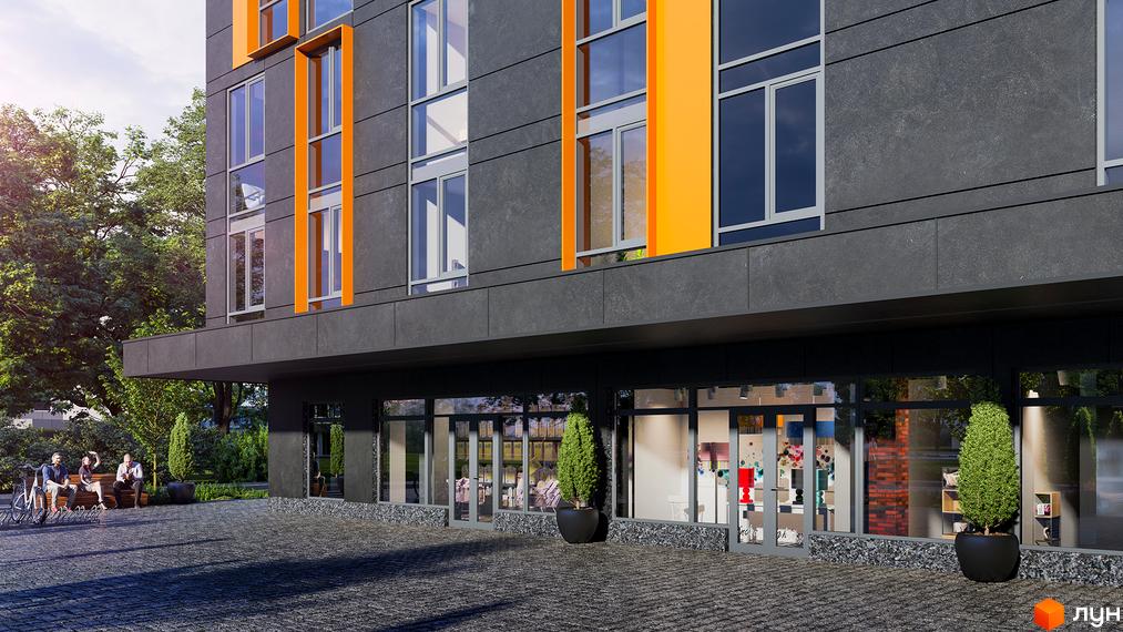 Urban One Sumskaya - новобудова з сірим фасадом та яскравими помаранчевими елементами. Біля будинку розташована зона відпочинку з лавками та зелені насадження.