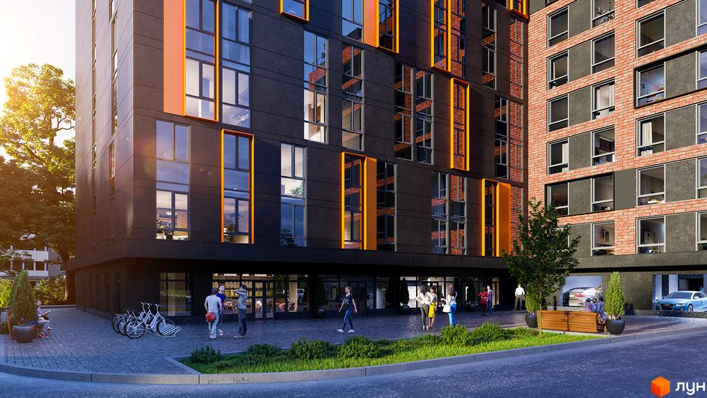 Зовнішній вигляд житлового комплексу Urban One Sumskaya з темними фасадами та помаранчевими елементами, вікнами та прибудинковою територією з деревами та людьми.