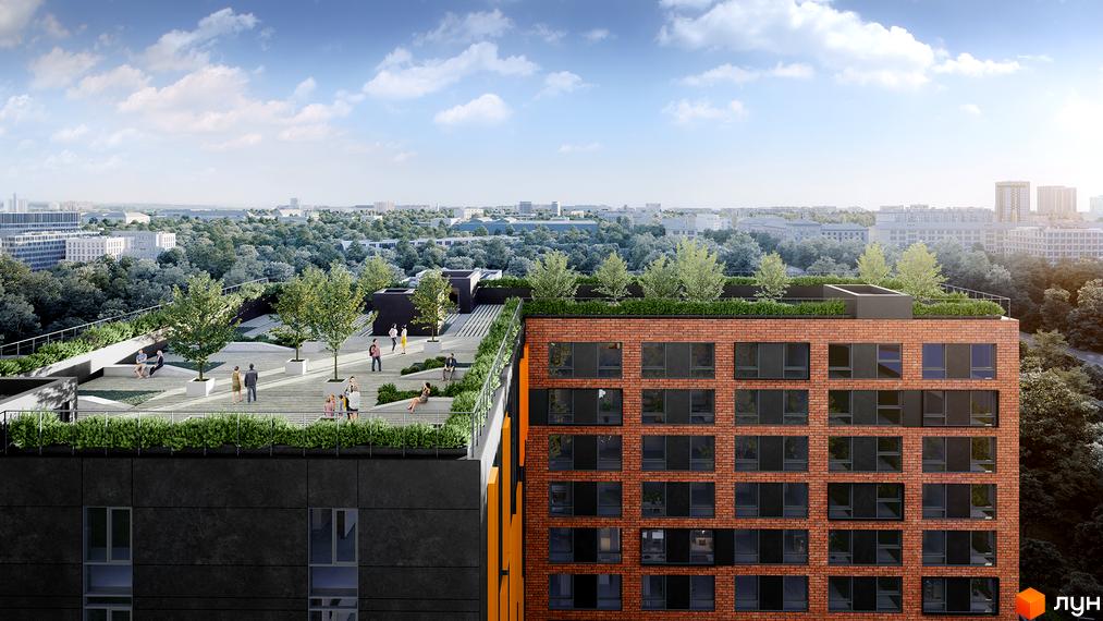 Зовнішній вигляд новобудови Urban One Sumskaya з цегляним фасадом та терасою з зеленню. На терасі відпочивають люди.