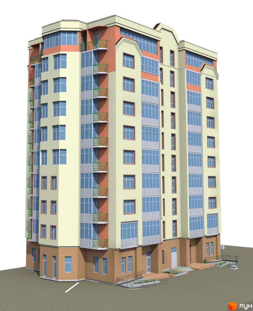 Зовнішній вигляд житлового комплексу на вул. Кирилівська (Фрунзе), 85/87а. Багатоповерховий будинок світло-бежевого та персикового кольору з великою кількістю скління та балконами. Прибудинкова територія з доріжками та зеленими насадженнями.