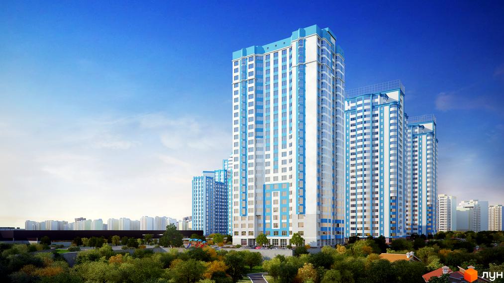 Житловий комплекс Ювілейний з біло-блакитними фасадами та панорамним склінням. Навколо зелена зона з деревами та дитячим майданчиком.