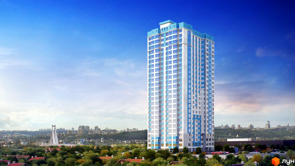 Житловий комплекс Ювілейний з висотним будинком та прибудинковою територією, оточений зеленими насадженнями.