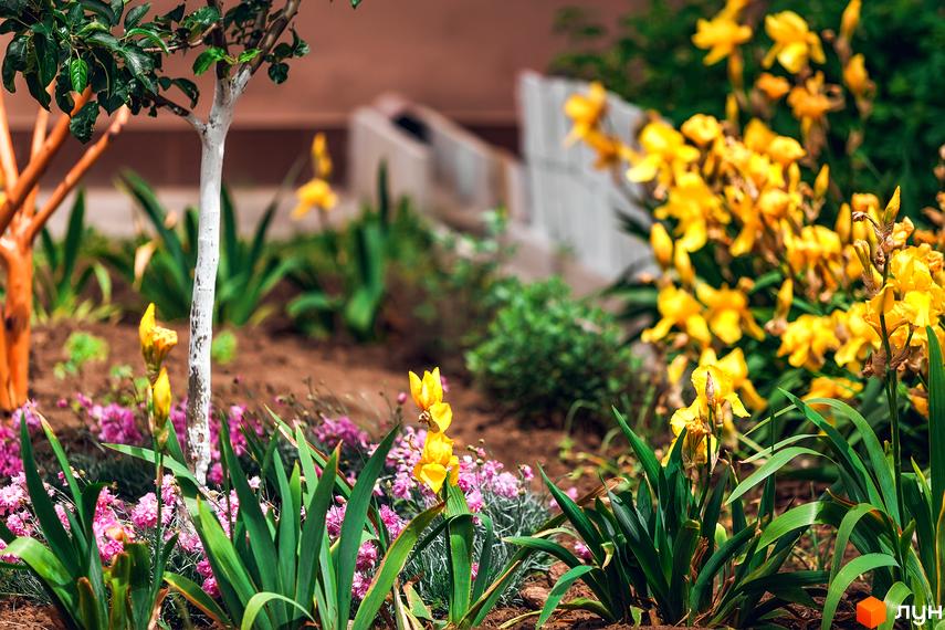 Житловий комплекс Сьоме Небо з квітучими клумбами та зеленими насадженнями на прибудинковій території.
