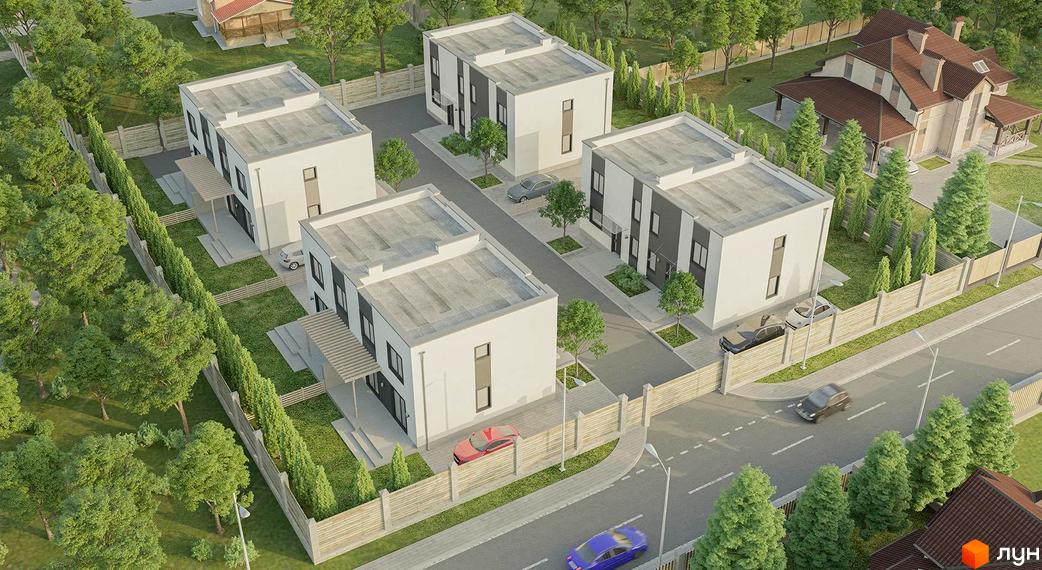 Зовнішній вигляд котеджного містечка КМ My Land: білі двоповерхові будинки з пласкими дахами, огороджена територія з деревами та дорогою.