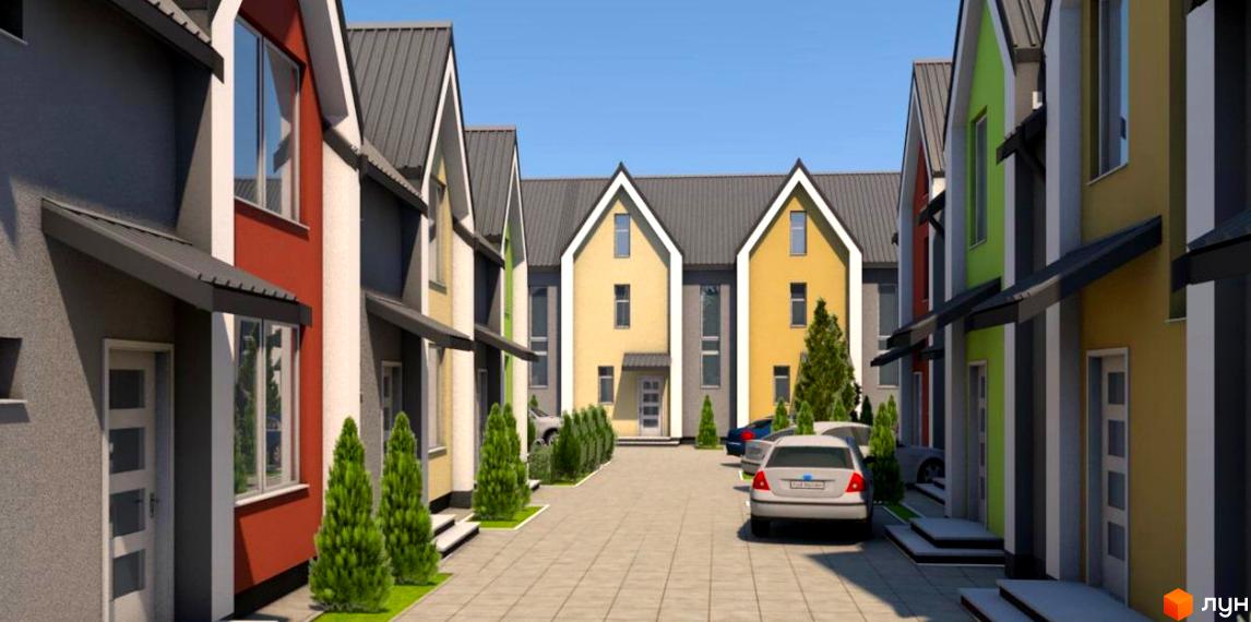 Зовнішній вигляд будинків котеджного містечка Cooper House з різнокольоровими фасадами та впорядкованою прибудинковою територією з туями та паркуванням.