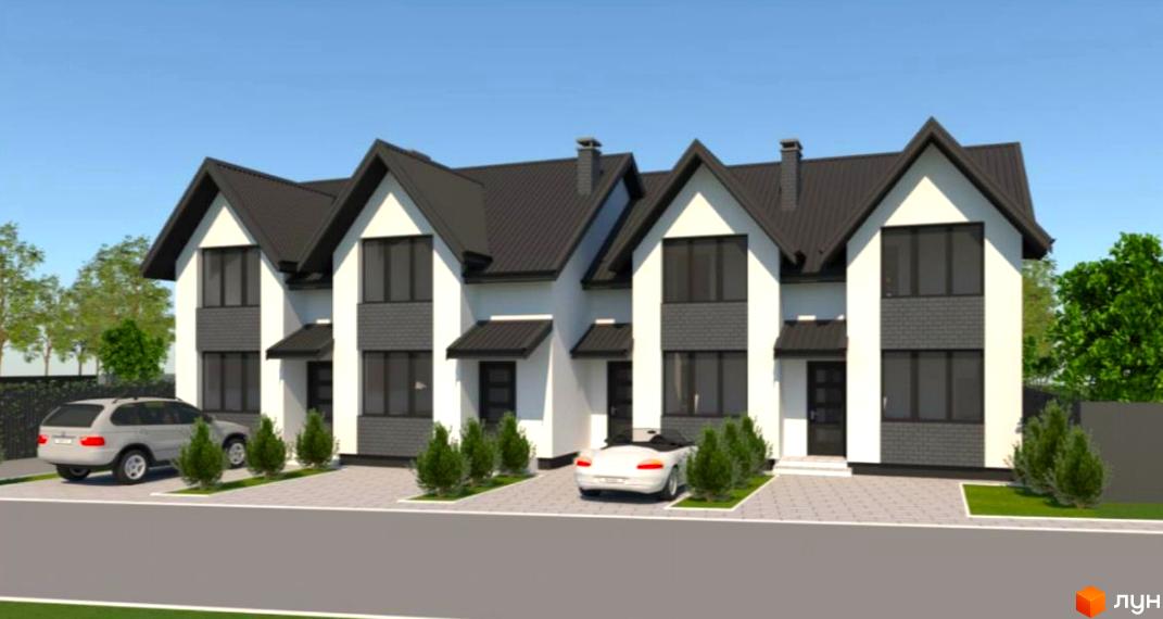 Зовнішній вигляд котеджного містечка КМ Cooper House з білими фасадами, темними дахами та сірими акцентами, а також прибудинкова територія з автомобілями та зеленими насадженнями.
