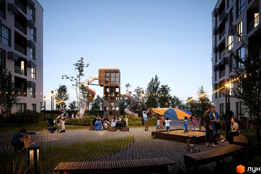 Житловий комплекс Safe Town з сучасною дитячою зоною та місцями для відпочинку. Комплекс має багатоповерхові будинки та зелену прибудинкову територію.