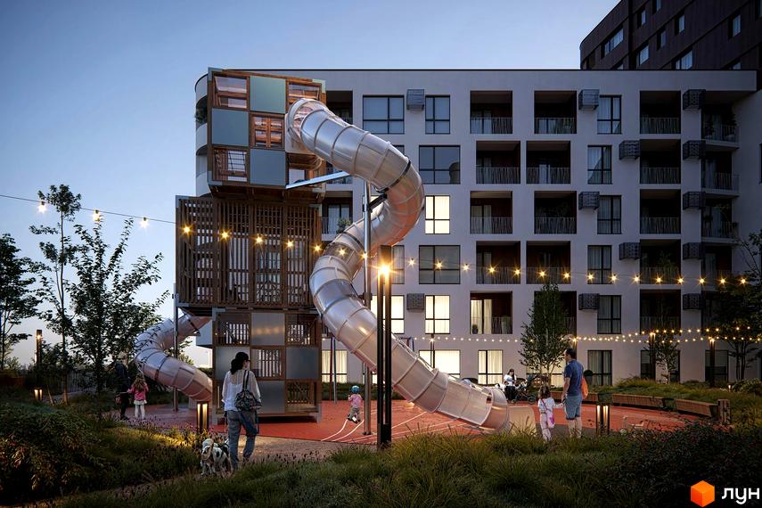 Житловий комплекс Safe Town з дитячим майданчиком та гірками. Фасад будівлі має багато вікон та балконів, а територія облаштована лавочками та освітленням.