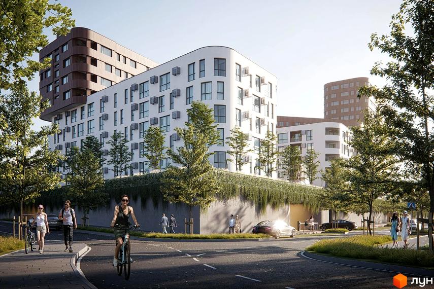 Житловий комплекс Safe Town з білими фасадами та коричневою верхньою частиною, оточений зеленню та деревами. Навколо комплексу облаштована прибудинкова територія з доріжками та місцями для відпочинку.