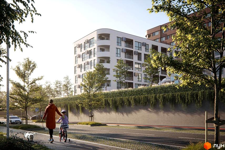 Житловий комплекс Safe Town з білим фасадом та балконами, оточений зеленню та з пішохідною доріжкою поруч.