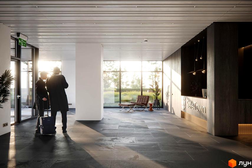Інтер'єр холу житлового комплексу Safe Town з панорамними вікнами та зоною ресепшн. Зовні видно зелену зону.