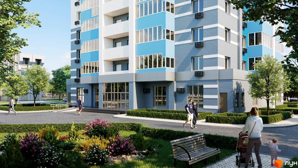 Зовнішній вигляд новобудови ЖК Diamond Hall з блакитними та сірими елементами, вікнами та балконами. На прибудинковій території зелені насадження та люди.