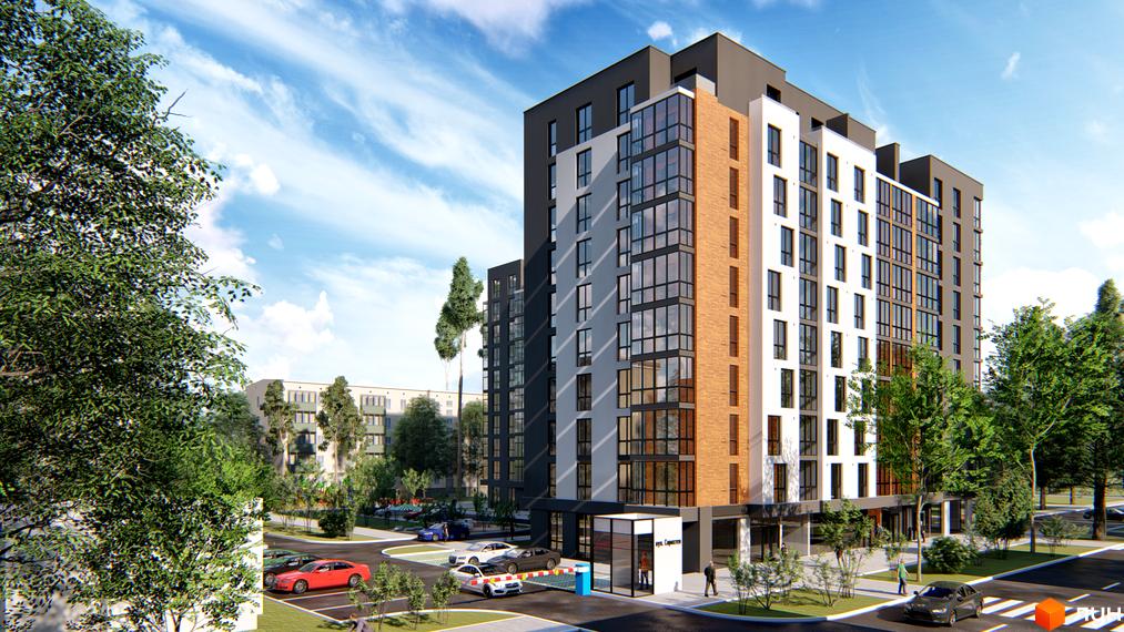 Новобудова Липська Вежа із цегляним та біло-сірим фасадом, великими вікнами та прибудинковою територією з деревами та автомобілями.