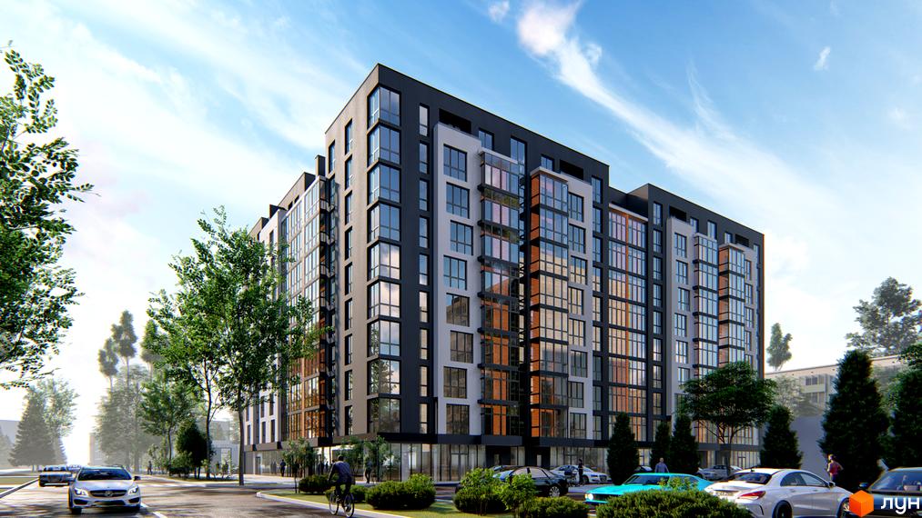 Зовнішній вигляд новобудови ЖК Липська Вежа з великою кількістю скляних фасадів та прибудинковою територією з деревами та автомобілями.