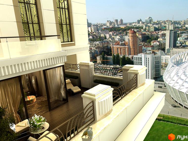 Вид на балкон Клубний будинок Chelsea Tower з панорамним видом на місто. Простора тераса з місцем для відпочинку та озелененням.