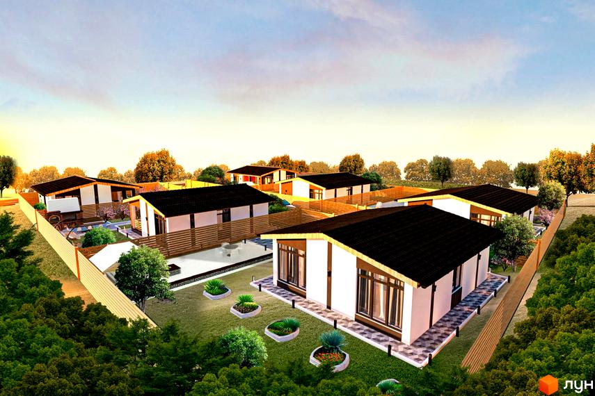 Котеджне містечко Green House 2: одноповерхові будинки з чорними дахами та білими стінами, огороджені дерев'яним парканом. На території зелені газони та декоративні кущі.